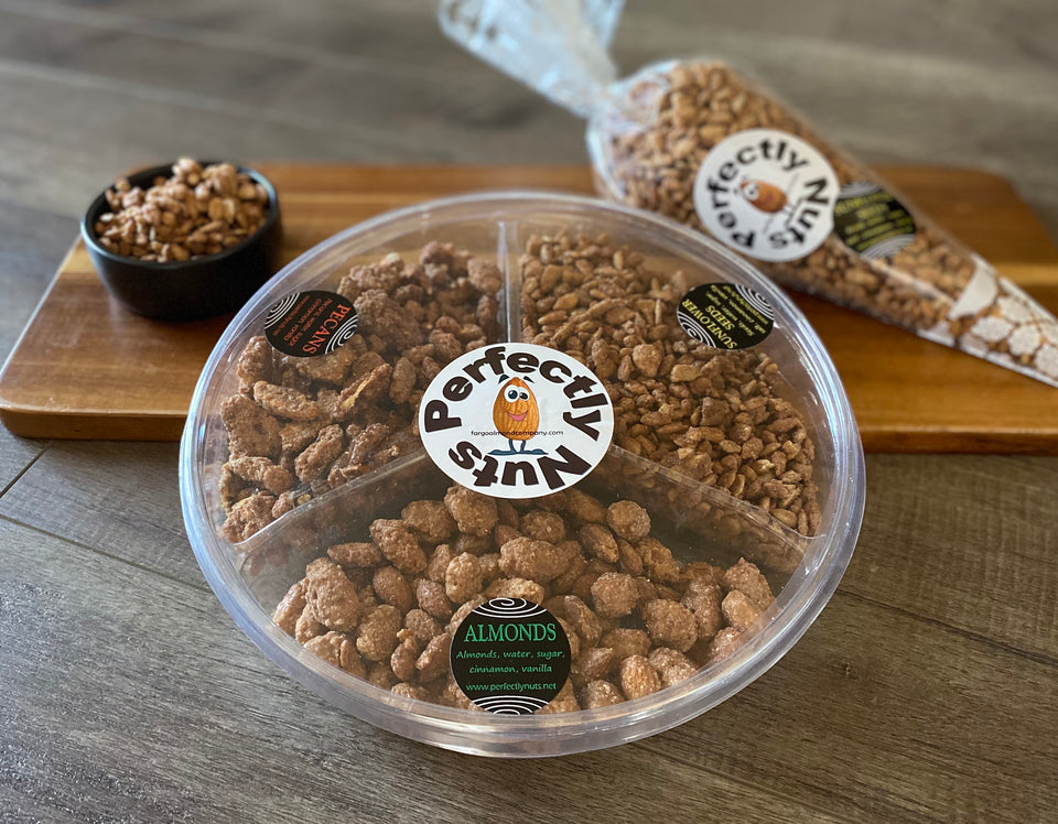 Cinnamon roasted almonds, cashews, pecans and sunflower seeds. Our glazed nuts are perfect for snacking or gift giving.  